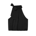Elegant black halter neck top featuring a large bow detail and smooth satin-like finish. - XS / Black