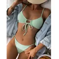 Mint green ribbed triangle bikini set with front tie and denim jacket styling detail - S / Top And Bottom / Light Green