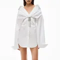 Elegant white long sleeve shirt dress featuring a sparkling rhinestone bow detail - S / White