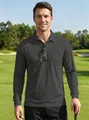 Detailed shot of a dark grey men's long sleeve quick-dry bird-eye mesh polo shirt - Dark Gray