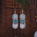 Bohemian ethnic dreamcatcher drop earrings with turquoise beads and feather tassels - Blue Silver (E1985)