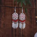 Ethnic bohemian style miao silver feather tassel earrings with red turquoise beads - Red Silver (E1148-1)