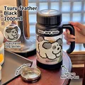 1000ml large capacity high borosilicate glass tea cup with handle and cute dog sticker - Black 1000ml (Low Filter) + Grey Dog Sticker + Silicone Mat