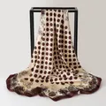 Detailed macro view of vintage paisley and polka dot printed satin square scarf for women - Coffee (K121)
