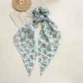 Elegant blue floral print fabric hair scrunchie with long streaming ribbons for women - Petal Green Streamer
