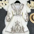 Bohemian white paisley print dress with long sleeves and matching belt for vacation - L / Yellow