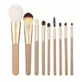 9-delige make-up borstelset met beige handvatten en gouden huls voor gezicht en ogen - Lichtbruin (zonder logo)