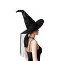 Black pleated Halloween witch hat with starry mesh veil for party costume. - One Size / Pleated Black Sequin Mesh Style