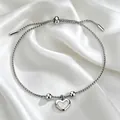 Elegant silver adjustable heart charm bracelet with white shell inlay and beads - Heart Shell Bracelet (Platinum Color)