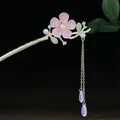 Traditioneller chinesischer Gold-Haarstab mit rosa Blume und hängenden Quasten - Rosa Pflaumenblüte Künstliche Perle Quaste (5208)