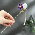 Exquisite traditionelle chinesische Gold-Haarnadel mit lila Blume und Perlenquasten - Lila Blume Künstliche Perle Quaste Stil (2665)