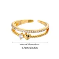 Elegante anello aperto dorato con zirconi e ciondolo a cuore, diametro interno di 1,7 cm - Stile Aperto Doppia Persona Perline Cuore (G122558G-4)
