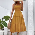 Robe midi d'été sans manches jaune moutarde à volants pour les vacances à la plage - Jaune