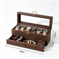 Vintage wood grain PU leather jewelry and watch organizer box with drawer, 34x12x13cm - Double Layer 6-slot