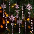 Set di 10 decorazioni natalizie in acrilico rosa con fiocchi di neve e ghiaccioli - Set da 10 pezzi / Rosa