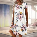 Casual white floral print short sleeve dress with round neck for summer wear. - S / White with Pink Flowers