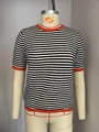 Casual short sleeve striped knit sweater featuring contrast orange trim and crew neck - S / Black and White with Orange Trim