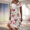 Casual floral print short sleeve summer dress with loose round neck and a-line cut - Red Flower