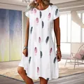Casual white short sleeve A-line dress featuring a colorful bohemian feather print - Feather