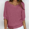 Eleganter malvenfarbener Rundhals-Strickpullover mit Dreiviertelärmeln - S / Lederrot