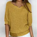 Senfgelber Strickpullover mit Rundhalsausschnitt und Dreiviertelarm für Damen. - S / Gelb