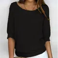 Elegant solid black round neck knit top with stylish 3/4 sleeves for women's daily wear - S / Tops / Black