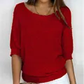 Elegant red round neck knit top featuring coarse texture and three-quarter batwing sleeves - S / Tops / Red