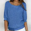 Elegant royal blue solid color round neck knitted top with 3/4 sleeves for women - S / Tops / Blue
