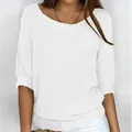 Elegant white casual round neck knitted sweater with stylish 3/4 sleeves for women - S / Tops / White