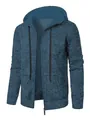 Nahaufnahme der Jacquard-Textur und des Reißverschlusses dieser blauen Herren-Strickjacke. - S / Denim-Blau