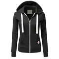 Detailed front view of a women's slim fit black zip-up hoodie with white drawstrings - S / Black