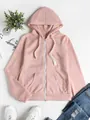 Comfortable women's pink zip-up hoodie featuring a hood, white drawstrings and pockets - S / Pink