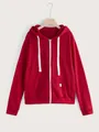Vibrant red casual zip-up hooded sweatshirt with white drawstring for women's wear - S / Burgundy