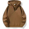 Heavyweight coffee brown half-zip hooded sweatshirt for women, solid color casual style - Coffee / 3XL