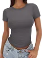 Detailed view of women's dark grey slim fit high crew neck short sleeve T-shirt - Dark Gray