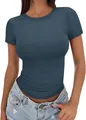 Close-up of a slim-fit blue crew neck short sleeve T-shirt for women in hot girl style. - Aqua
