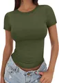 Detailed view of women's olive green slim fit short sleeve T-shirt with high crew neck - Army Green
