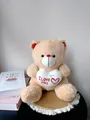 Close-up detail of a soft beige teddy bear holding a white I Love YOU embroidered heart plush - Brown / 25