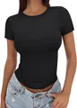 Casual slim fit high crew neck black short sleeve T-shirt for women in spicy girl style - Black