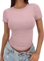 Slim fit high crew neck pink short sleeve T-shirt for women casual summer basic style - S / Tops / Lotus Pink