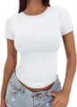 Slim fit white high crew neck short sleeve T-shirt for women's summer casual style - White