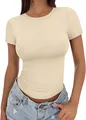 Slim fit high crew neck short sleeve T-shirt in beige presented on a fashion model - Apricot