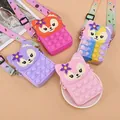 Detail of various colored cartoon animal silicone pop-it fidget purses with straps - Style 6 Random Mix