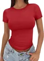 Detailed view of a slim fit red short-sleeved t-shirt with a classic crew neck. - Red