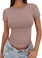 Close-up showing the fit of a mauve women's tight-fitting crewneck short-sleeve top - S / Tops / Rose Gold