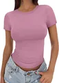 Women's slim fit high crew neck short sleeve pink T-shirt for casual summer style - Bright Pink