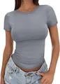 Slim-fit grey short-sleeve T-shirt with high crew neck for women - S / Tops / Gray