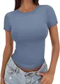 Detailed view of women's slim fit crew neck short sleeve t-shirt in dusty blue color - Blue