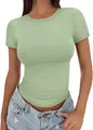 Detail of a slim-fit light green high-neck short-sleeve T-shirt for a hot girl look - Matcha Green