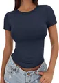 Close-up of a women's slim-fit navy blue crew neck short sleeve cotton T-shirt - Navy Blue